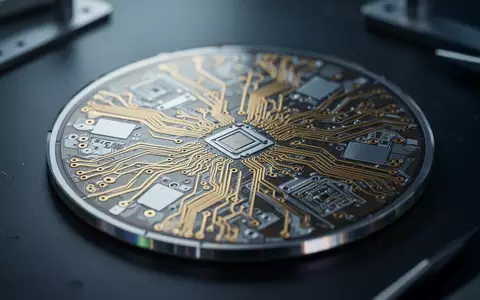 Nahaufnahme eines Silizium-Wafers mit komplexen mikroskopischen Leiterbahnen auf einem dunklen Labortisch. - Foto: über boerse-global.de