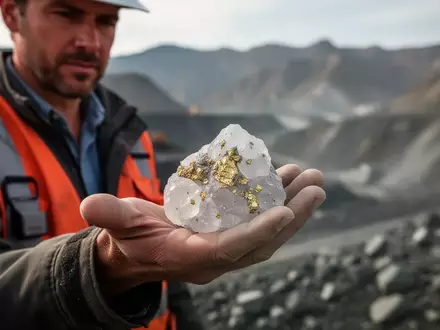Geologe hält ein Stück Quarzgestein mit sichtbaren Goldadern in der Hand vor einer Berglandschaft. - Foto: über boerse-global.de