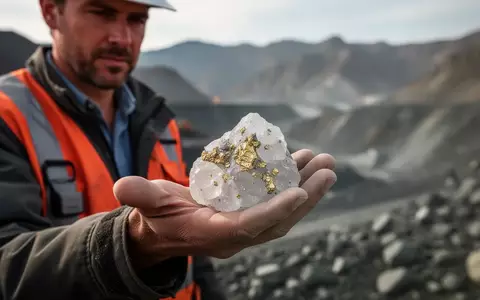 Geologe hält ein Stück Quarzgestein mit sichtbaren Goldadern in der Hand vor einer Berglandschaft. - Foto: über boerse-global.de