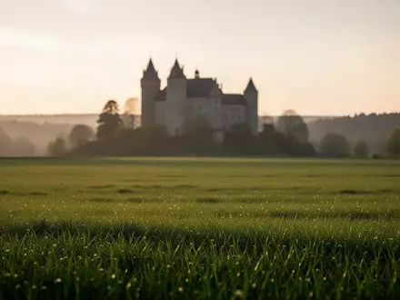Eine weitläufige grüne Wiese mit einem Schloss im fernen Hintergrund bei Sonnenuntergang. - Foto: über boerse-global.de