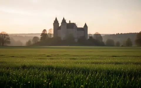 Eine weitläufige grüne Wiese mit einem Schloss im fernen Hintergrund bei Sonnenuntergang. - Foto: über boerse-global.de