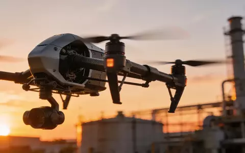 Eine hochmoderne Drohne schwebt bei Sonnenuntergang über einem Industriegelände. - Foto: über boerse-global.de