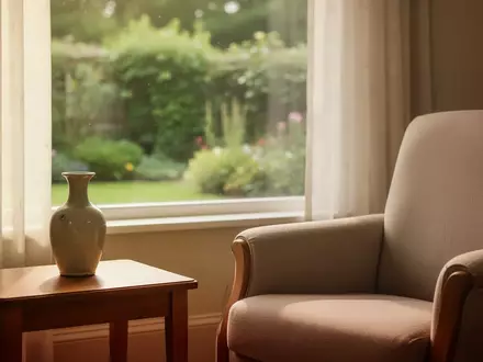 Ein sonnendurchfluteter, ruhiger Raum in einer Pflegeeinrichtung mit einem bequemen Sessel und Blick in einen Garten. - Foto: über boerse-global.de