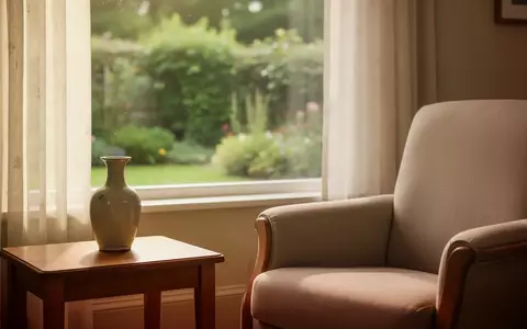 Ein sonnendurchfluteter, ruhiger Raum in einer Pflegeeinrichtung mit einem bequemen Sessel und Blick in einen Garten. - Foto: über boerse-global.de