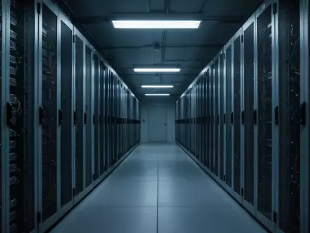 Ein dunkler, steriler Serverraum mit langen Reihen metallischer Racks in einem modernen Rechenzentrum. - Foto: über boerse-global.de