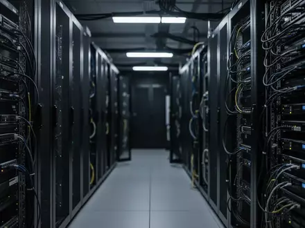 Dunkler, moderner Serverraum mit Kabelsträngen und Metallschränken in einer professionellen, technologischen Umgebung. - Foto: über boerse-global.de