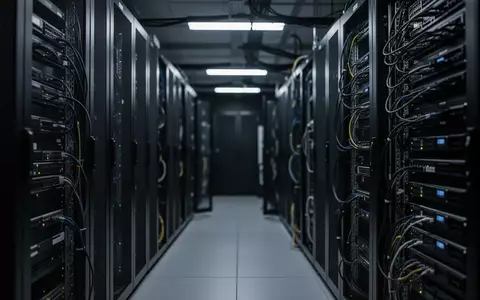 Dunkler, moderner Serverraum mit Kabelsträngen und Metallschränken in einer professionellen, technologischen Umgebung. - Foto: über boerse-global.de