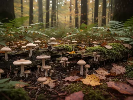 Verschiedene Wildpilze auf einem moosigen Waldboden im herbstlichen Licht - Foto: über boerse-global.de