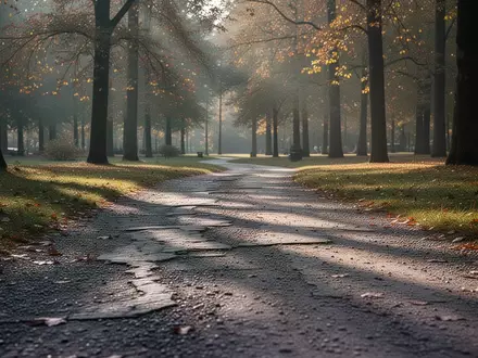 Ein gewundener Kiesweg in einem herbstlichen Waldpark bei weichem Morgenlicht. - Foto: über boerse-global.de