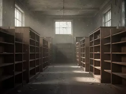 Ein verlassener Archivraum mit leeren Holzregalen und einfallendem Tageslicht. - Foto: über boerse-global.de