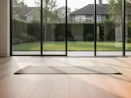Ein minimalistisch eingerichteter, heller Trainingsbereich in einem modernen Wohnraum mit Blick in einen Garten. - Foto: über boerse-global.de