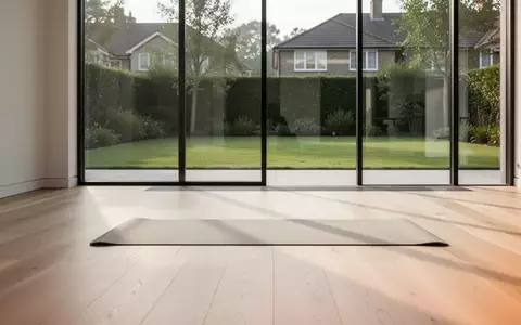 Ein minimalistisch eingerichteter, heller Trainingsbereich in einem modernen Wohnraum mit Blick in einen Garten. - Foto: über boerse-global.de