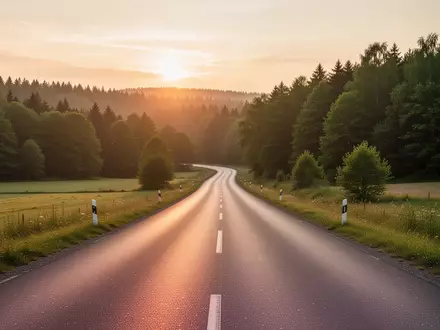 Eine leere, sich schlängelnde Landstraße im frühen Morgenlicht, die eine lange sportliche Wegstrecke symbolisiert. - Foto: über boerse-global.de