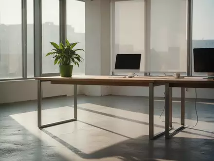 Ein minimalistischer Arbeitsbereich mit einem Holztisch, einer Pflanze und natürlichem Licht in einem modernen Raum. - Foto: über boerse-global.de