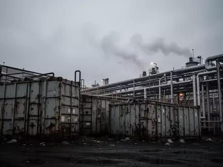 Industrielles Betriebsgelände mit großen Metallcontainern und Rohrleitungssystemen unter einem grauen Himmel. - Foto: über boerse-global.de