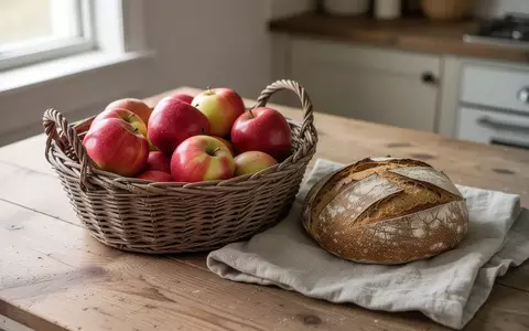 Ein Korb mit frischem Obst und ein Brotlaib auf einem Holztisch in einer Küche bei Tageslicht. - Foto: über boerse-global.de