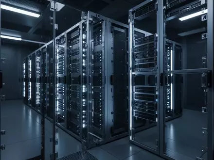 Abstrakte Darstellung einer modernen Server-Infrastruktur mit modularen Komponenten in einem dezent beleuchteten Raum. - Foto: über boerse-global.de