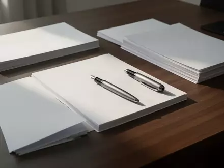 Ein minimalistischer Arbeitsplatz mit leeren Papierstapeln und einem Füllfederhalter auf einer dunklen Holzoberfläche. - Foto: über boerse-global.de