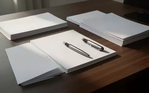 Ein minimalistischer Arbeitsplatz mit leeren Papierstapeln und einem Füllfederhalter auf einer dunklen Holzoberfläche. - Foto: über boerse-global.de