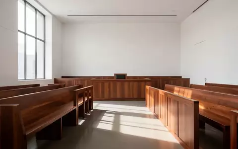 Ein leerer Gerichtssaal mit modernem, minimalistischem Design und hellem Tageslichteinfall. - Foto: über boerse-global.de