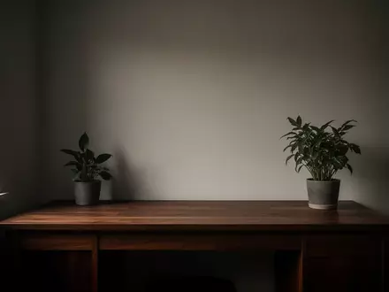 Ein minimalistischer, leerer Schreibtisch in einem privaten Arbeitszimmer mit einer Zimmerpflanze im gedimmten Licht. - Foto: über boerse-global.de