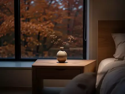 Ein minimalistisches, in warmes Herbstlicht getauchtes Schlafzimmer mit einer Vase auf einem Holztisch. - Foto: über boerse-global.de
