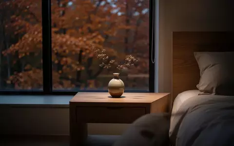 Ein minimalistisches, in warmes Herbstlicht getauchtes Schlafzimmer mit einer Vase auf einem Holztisch. - Foto: über boerse-global.de