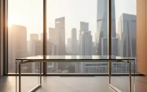 Ein minimalistischer, moderner Büroraum mit einem leeren Schreibtisch und hellem Tageslicht, das durch ein großes Fenster fällt. - Foto: über boerse-global.de