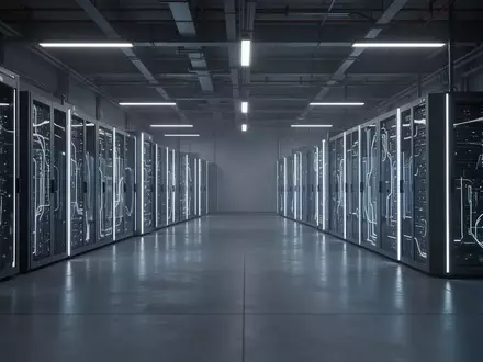 Moderne, minimalistische Serverraum-Infrastruktur mit blauer Umgebungsbeleuchtung in einer Industrieumgebung. - Foto: über boerse-global.de