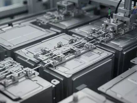 Nahaufnahme von modernen Lithium-Ionen-Batteriezellen in einer automatisierten Fertigungslinie. - Foto: über boerse-global.de