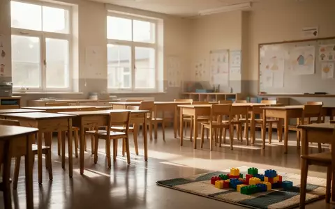 Ein leerer, sonnendurchfluteter Klassenraum mit ordentlich aufgereihten Holztischen und einem bunten Teppich. - Foto: über boerse-global.de