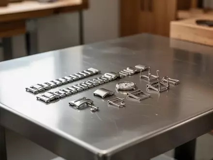 Nahaufnahme von fein gearbeiteten Metallgliedern und Verschlüssen für Uhrenarmbänder auf einer Werkbank. - Foto: über boerse-global.de