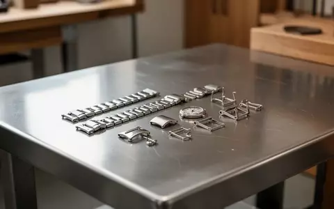 Nahaufnahme von fein gearbeiteten Metallgliedern und Verschlüssen für Uhrenarmbänder auf einer Werkbank. - Foto: über boerse-global.de