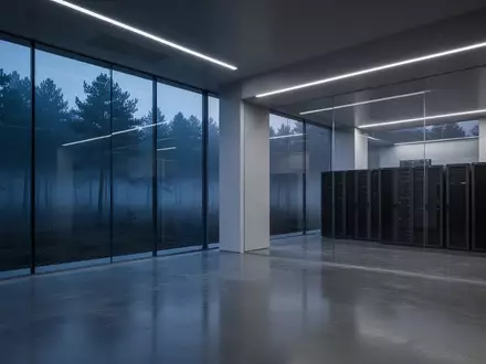 Ein minimalistisch gestalteter Forschungsraum mit polierten Betonböden und Blick auf einen dunklen Wald bei Dämmerung. - Foto: über boerse-global.de