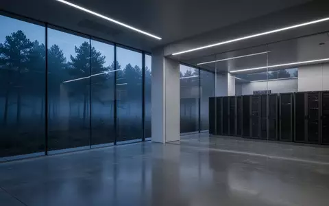 Ein minimalistisch gestalteter Forschungsraum mit polierten Betonböden und Blick auf einen dunklen Wald bei Dämmerung. - Foto: über boerse-global.de