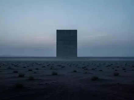 Ein einsamer Betonmonolith in einer weiten, leeren Wüstenlandschaft bei Dämmerung, der Stille und Sicherheit symbolisiert. - Foto: über boerse-global.de