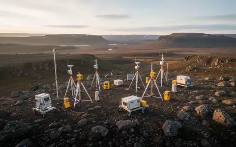 Geologische Ausrüstung auf einem erschlossenen Gelände während der goldenen Stunde. - Foto: über boerse-global.de