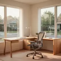 Ein helles, minimalistisches Arbeitszimmer mit Schreibtisch und Blick ins Grüne durch ein großes Fenster. - Foto: über boerse-global.de