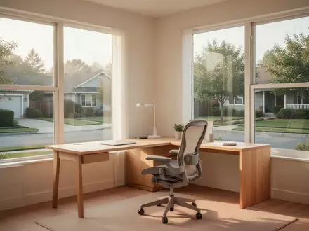 Ein helles, minimalistisches Arbeitszimmer mit Schreibtisch und Blick ins Grüne durch ein großes Fenster. - Foto: über boerse-global.de