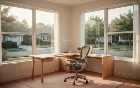 Ein helles, minimalistisches Arbeitszimmer mit Schreibtisch und Blick ins Grüne durch ein großes Fenster. - Foto: über boerse-global.de