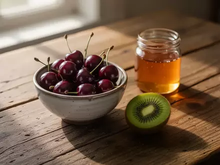 Eine Nahaufnahme von Sauerkirschen, einer aufgeschnittenen Kiwi und einem Glas Honig auf einem hölzernen Küchentisch bei natürlichem Morgenlicht. - Foto: über boerse-global.de