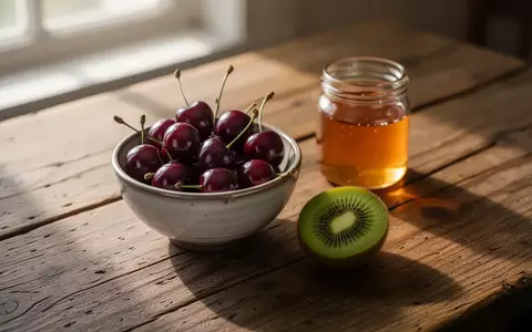 Eine Nahaufnahme von Sauerkirschen, einer aufgeschnittenen Kiwi und einem Glas Honig auf einem hölzernen Küchentisch bei natürlichem Morgenlicht. - Foto: über boerse-global.de