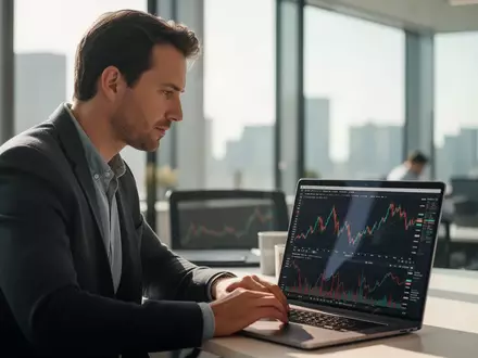 Ein Investor analysiert Finanzdaten an einem Laptop in einem modernen, hellen Büro. - Foto: über boerse-global.de