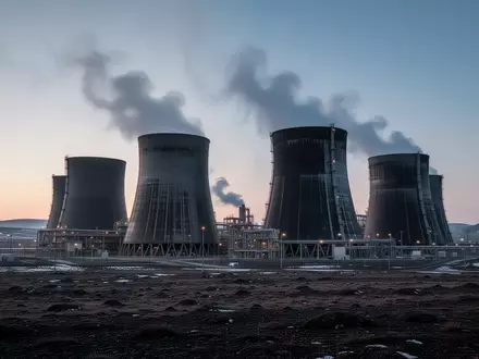 Industrielle Kühltürme in einer weiten, kargen Landschaft bei Dämmerung. - Foto: über boerse-global.de