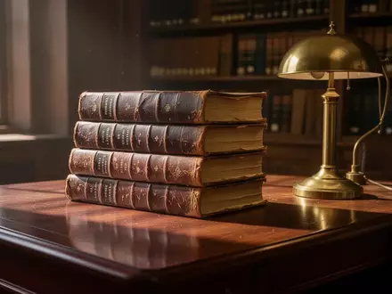 Ein Schreibtisch in einer ruhigen Anwaltsbibliothek mit alten, in Leder gebundenen Gesetzbüchern und einer Messinglampe. - Foto: über boerse-global.de
