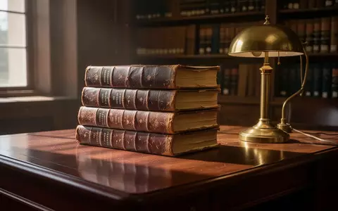 Ein Schreibtisch in einer ruhigen Anwaltsbibliothek mit alten, in Leder gebundenen Gesetzbüchern und einer Messinglampe. - Foto: über boerse-global.de