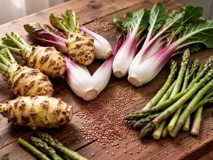 Frische pflanzliche Lebensmittel wie Topinambur, Chicorée und Spargel auf einem Holztisch als natürliche Ballaststoffquellen. - Foto: über boerse-global.de