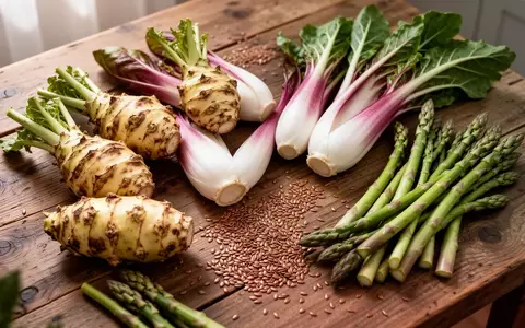 Frische pflanzliche Lebensmittel wie Topinambur, Chicorée und Spargel auf einem Holztisch als natürliche Ballaststoffquellen. - Foto: über boerse-global.de