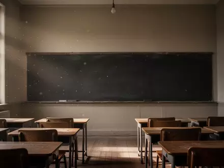 Ein leerer, ruhiger Klassenraum mit hölzernen Schulbänken und einer leeren Tafel in einem historischen Schulgebäude. - Foto: über boerse-global.de