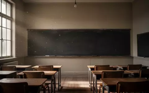 Ein leerer, ruhiger Klassenraum mit hölzernen Schulbänken und einer leeren Tafel in einem historischen Schulgebäude. - Foto: über boerse-global.de